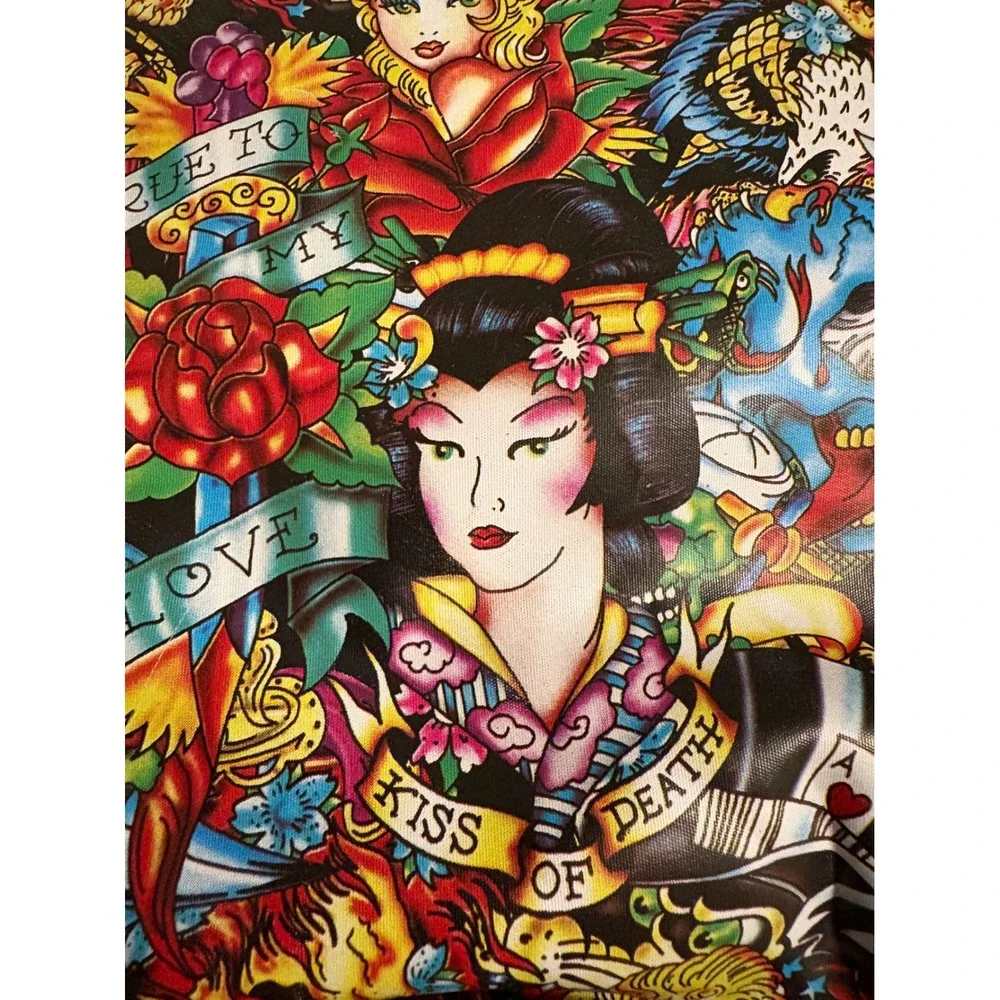 Ed Hardy‎ Christian Audigier Tattoo Print Tote Bag Geisha Skull Black Canvas Y2K